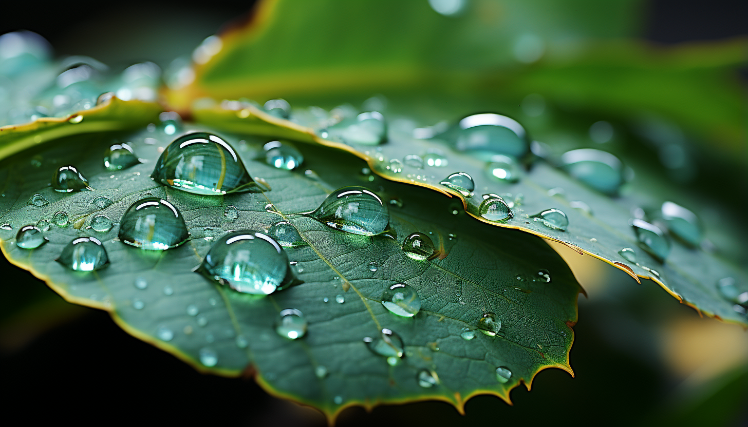 Close-up of a dewdrop magnifying intricate leaf details.