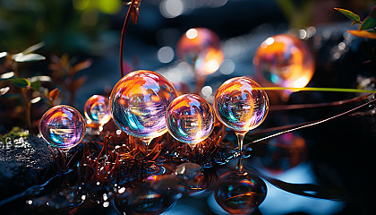 Close-up of iridescent bubbles capturing reflections of the surrounding environment.