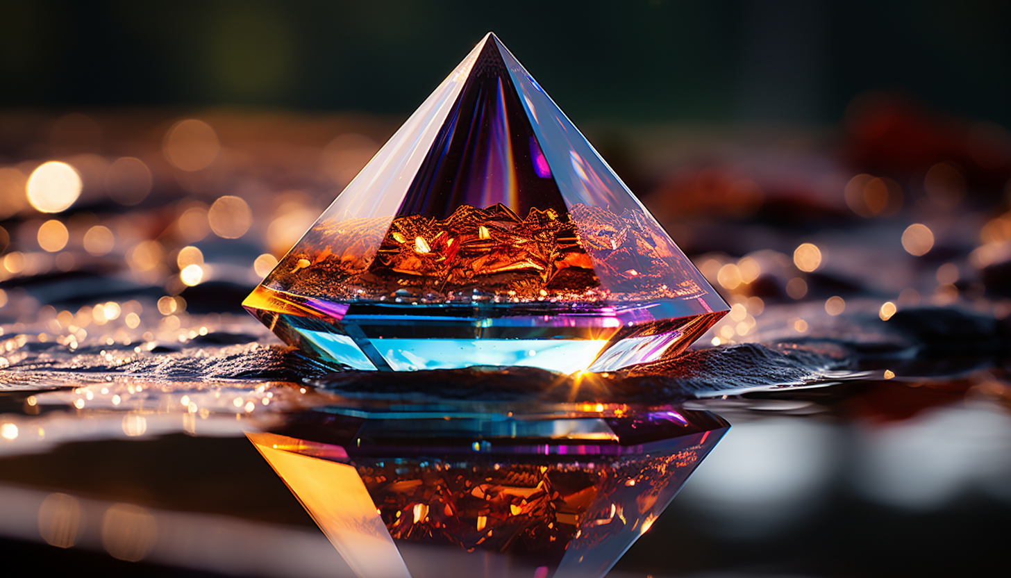 Macro image of a rainbow prism effect in a water droplet.