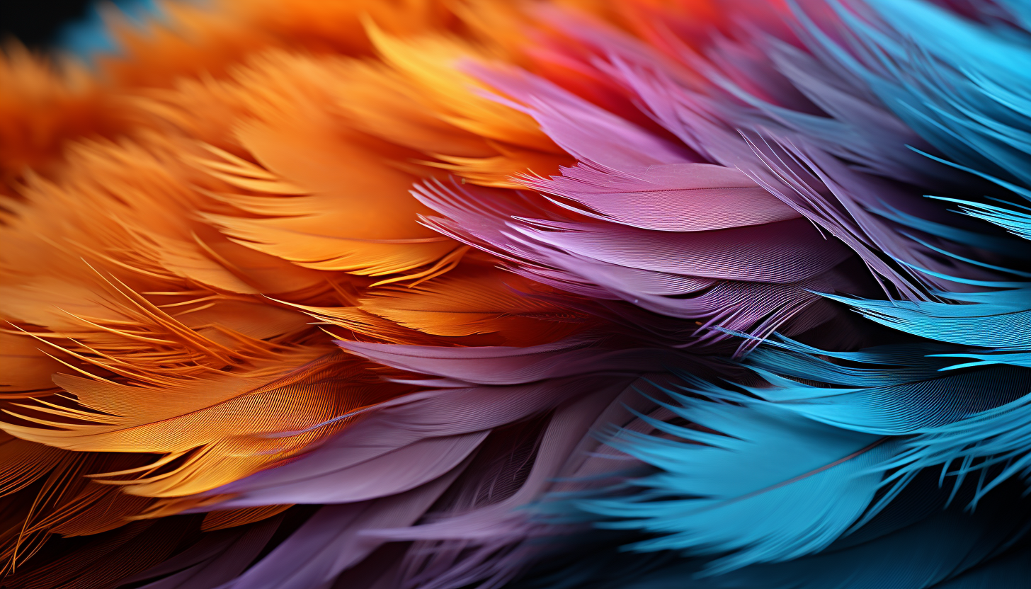 Extreme close-up of a colorful bird's feather, showing each delicate strand.