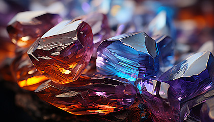 Extreme close-up of a crystal, showcasing its complex structure and refracted colors.