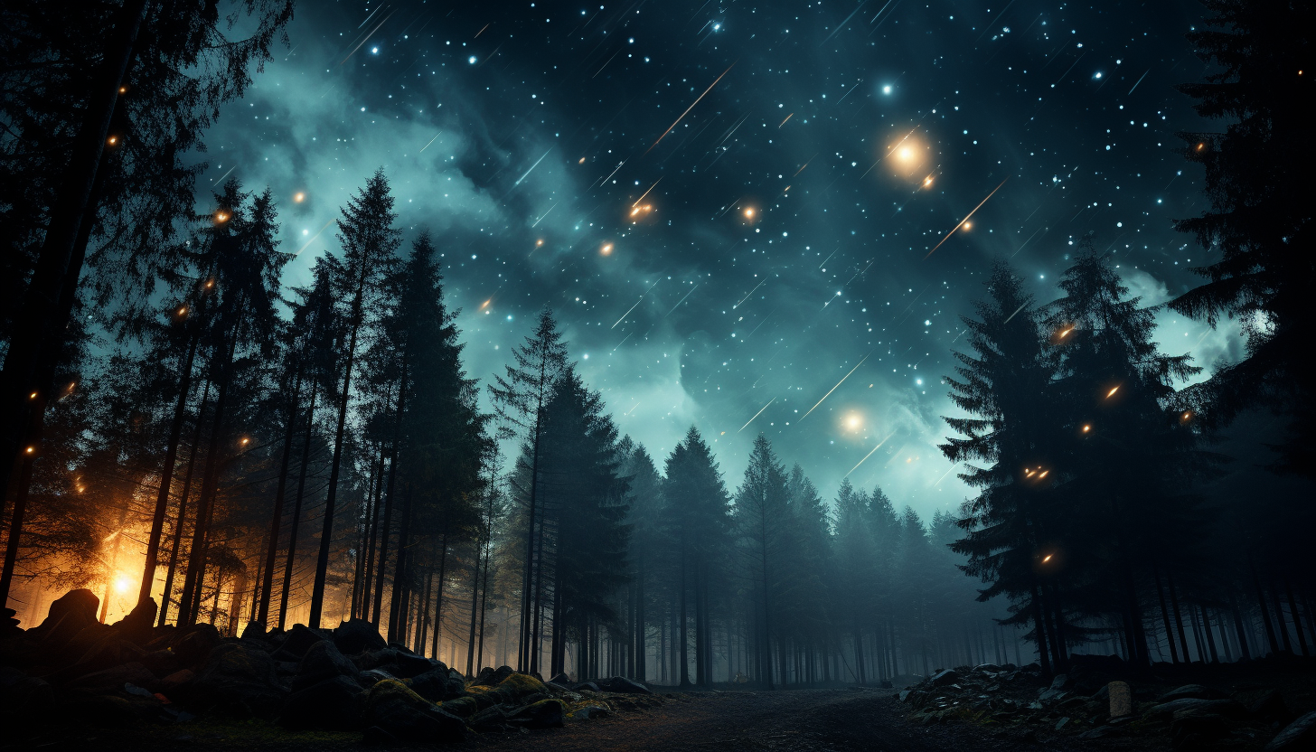A meteor shower streaking across the night sky.