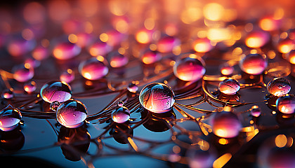 Macro view of dewdrops on a spider's web, reflecting the colors of dawn.