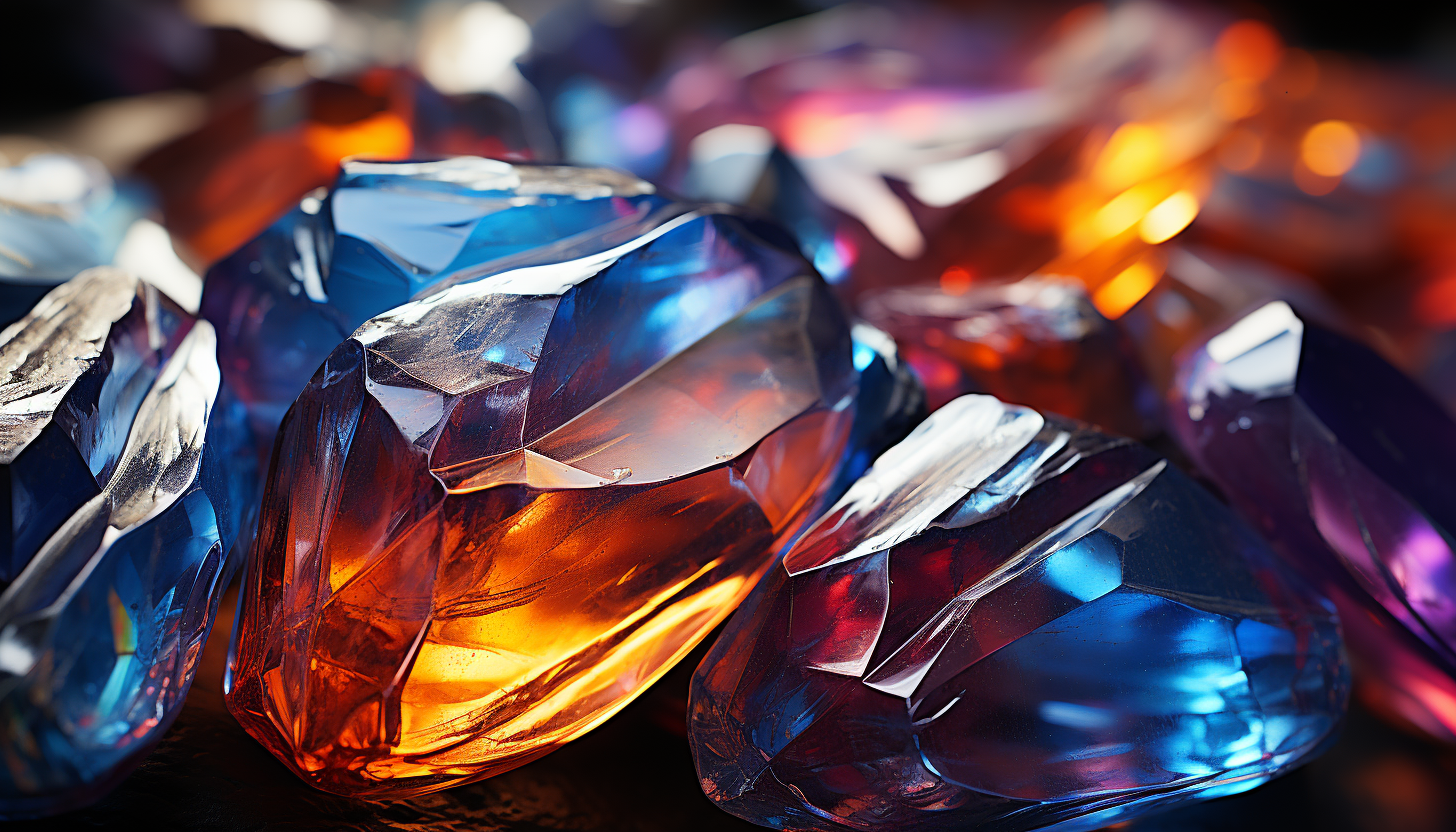 A detailed view of a crystal's facets, displaying a rainbow of reflections.