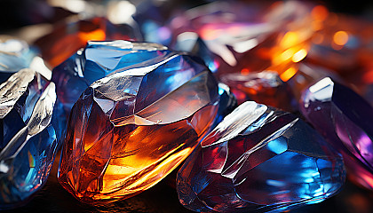 A detailed view of a crystal's facets, displaying a rainbow of reflections.