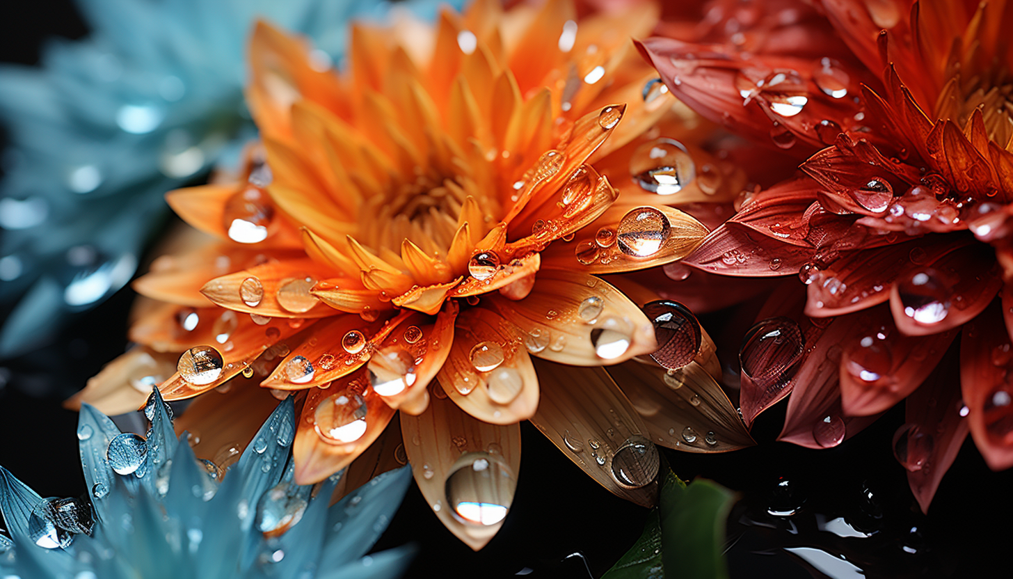 Close-up of dewdrops on a vibrant flower petal, reflecting the morning sun.