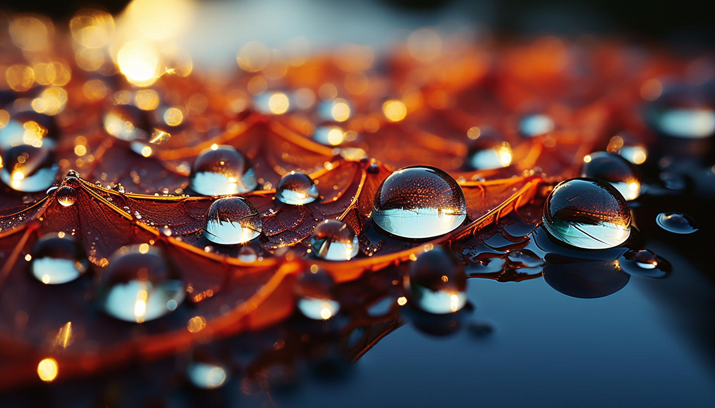 Macro view of dewdrops on a spider's web, reflecting the colors of dawn.