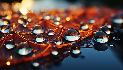 Macro view of dewdrops on a spider's web, reflecting the colors of dawn.