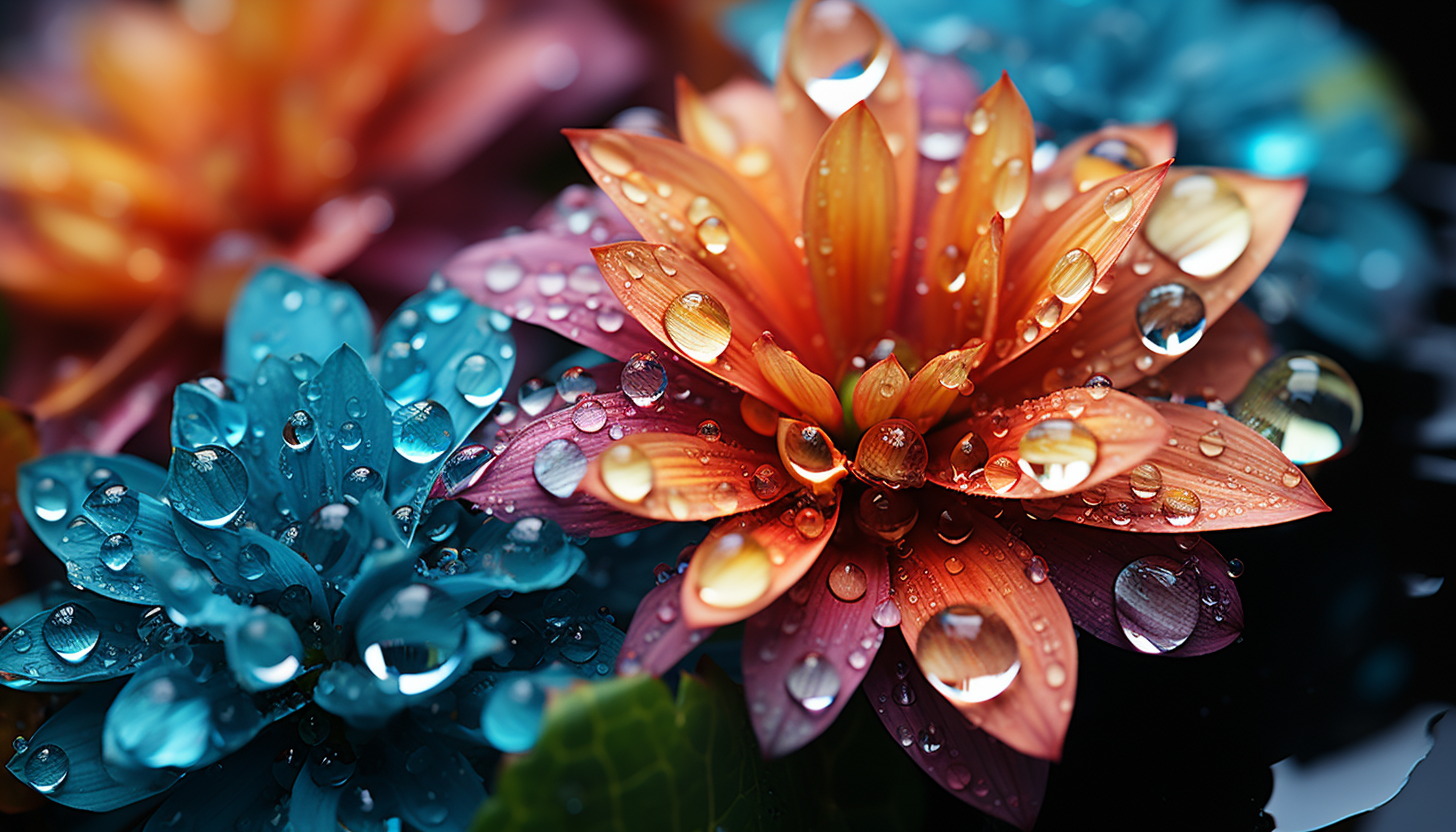 Close-up of dewdrops on a colorful flower petal, reflecting the world around them.