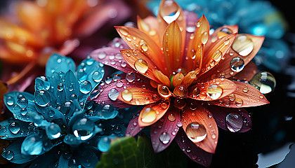 Close-up of dewdrops on a colorful flower petal, reflecting the world around them.