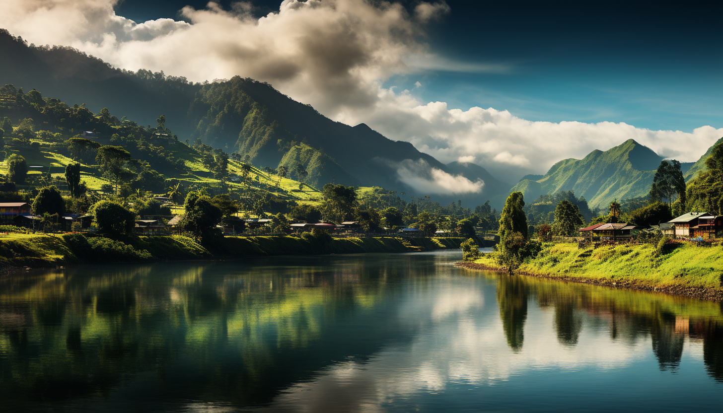 9. A rainbow arcing over a lush, verdant landscape after a rain.