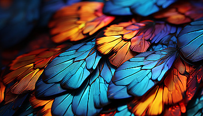 Close-up of butterfly wings revealing intricate patterns and vivid colors.