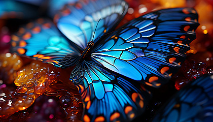 Close-up of a butterfly wing, revealing intricate patterns and vibrant hues.