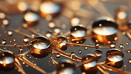 Macro shot of dewdrops on a spider's web, reflecting morning sunlight.