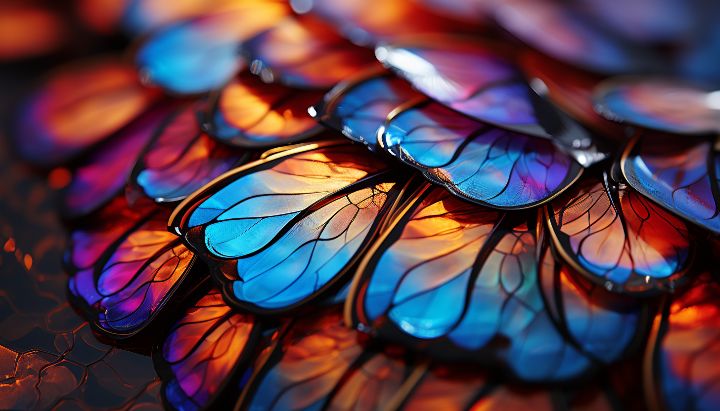 Macro shot of a butterfly wing, displaying intricate patterns and vibrant hues.