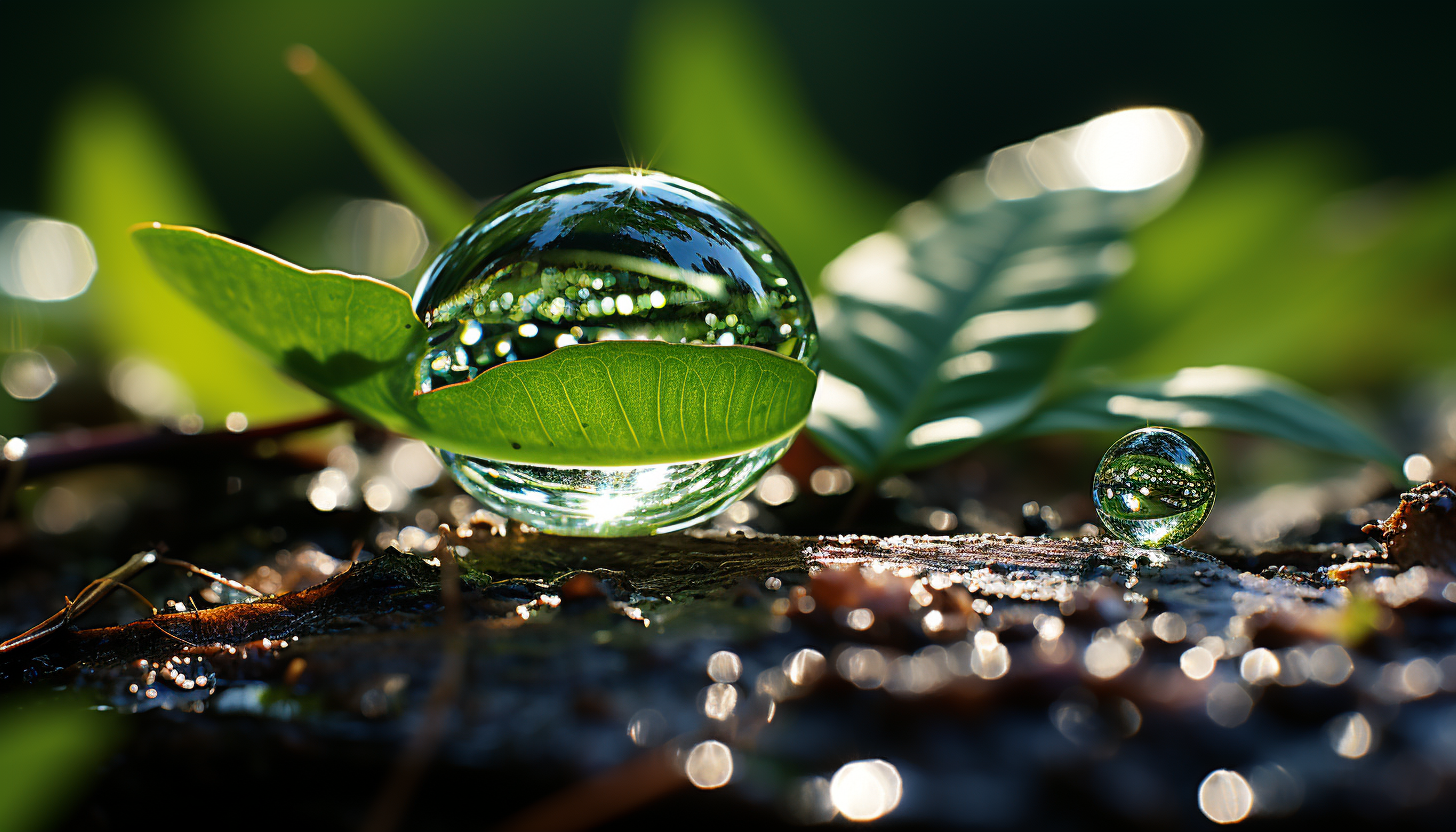 Close-up of a dewdrop on a leaf, reflecting the world within.