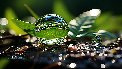 Close-up of a dewdrop on a leaf, reflecting the world within.