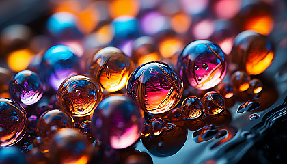 Macro shot of iridescent bubbles reflecting a kaleidoscope of colors.