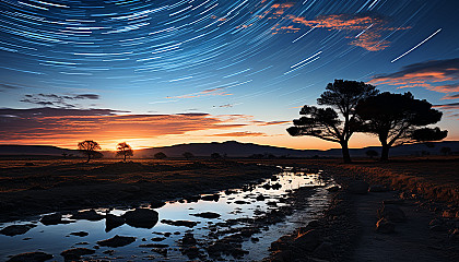 Star trails over a remote landscape, capturing the movement of celestial bodies.