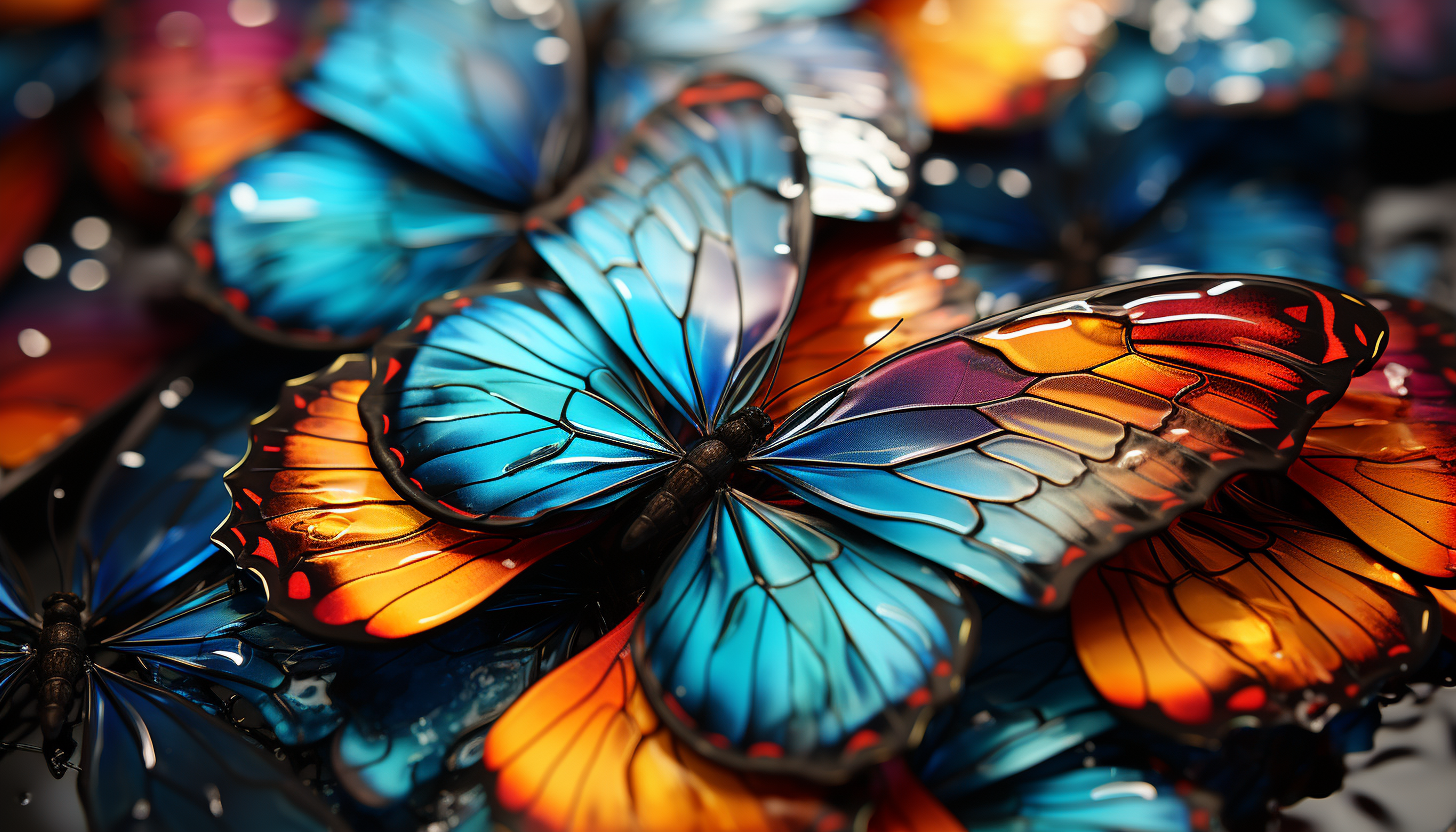 Macro view of butterfly wings, revealing intricate patterns and hues.