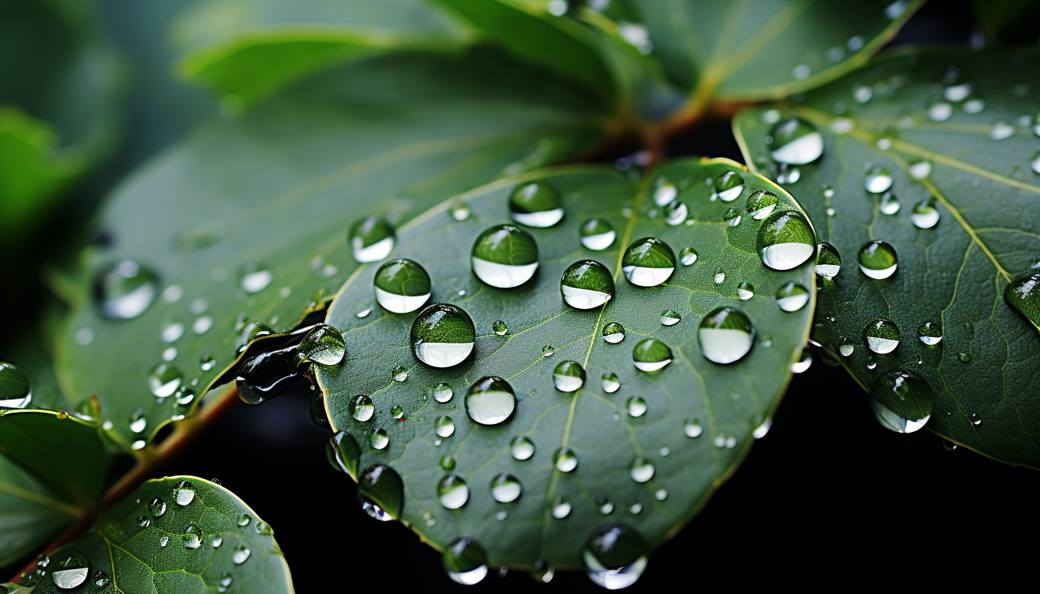 Macro shot of dewdrops magnifying intricate leaf patterns.