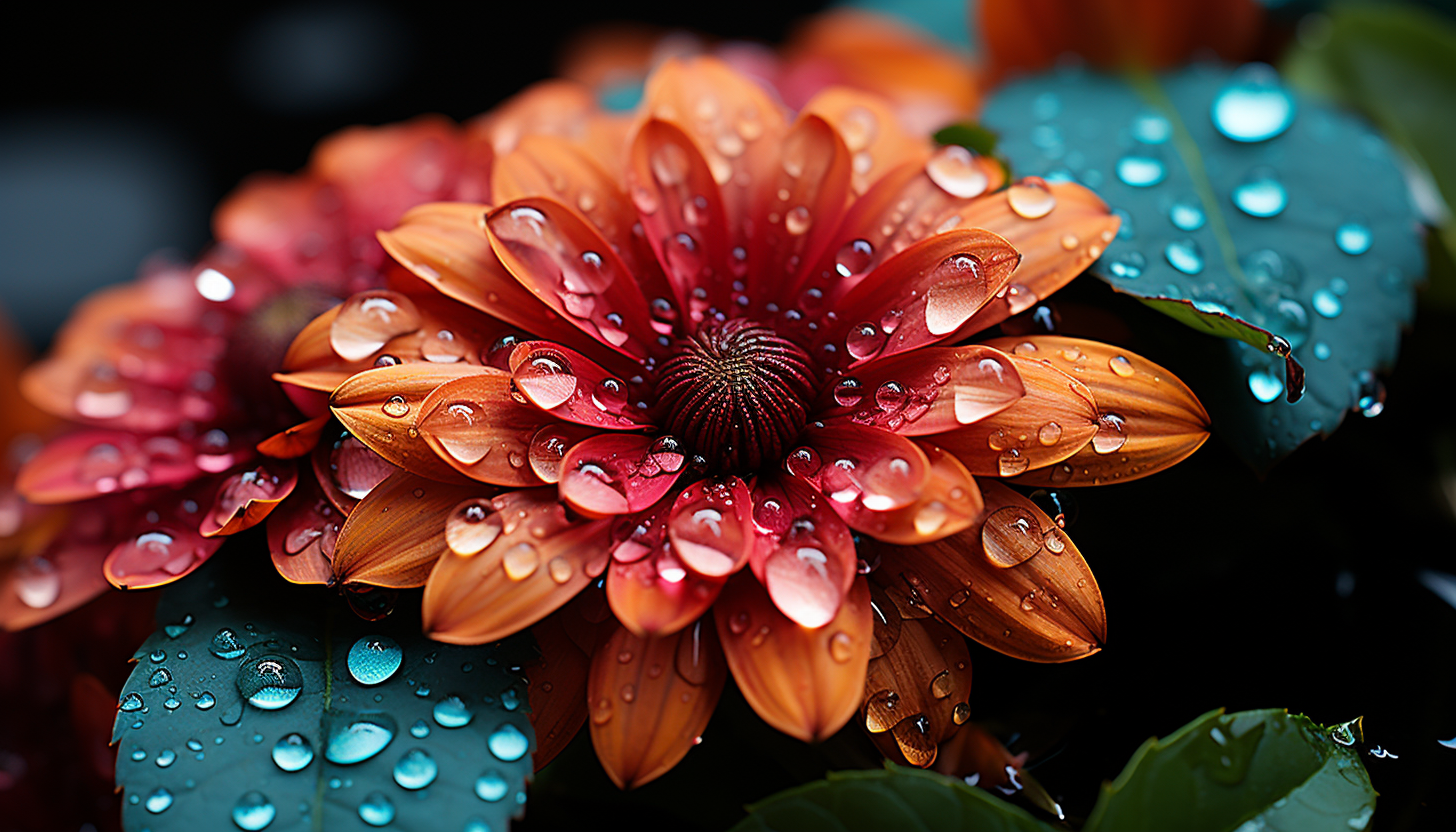 Extreme close-up of dew drops on a vibrant flower petal.