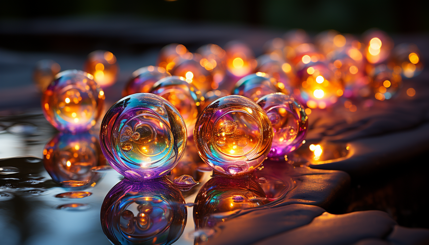 The iridescent surface of a soap bubble, capturing the colors of its surroundings.