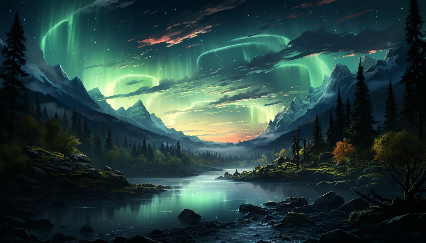 The dance of Northern lights (Aurora Borealis) across a star-studded sky.