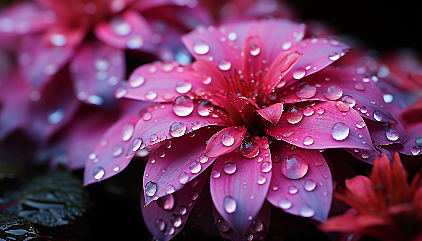 Extreme close-up of dewdrops on a vibrant flower petal.