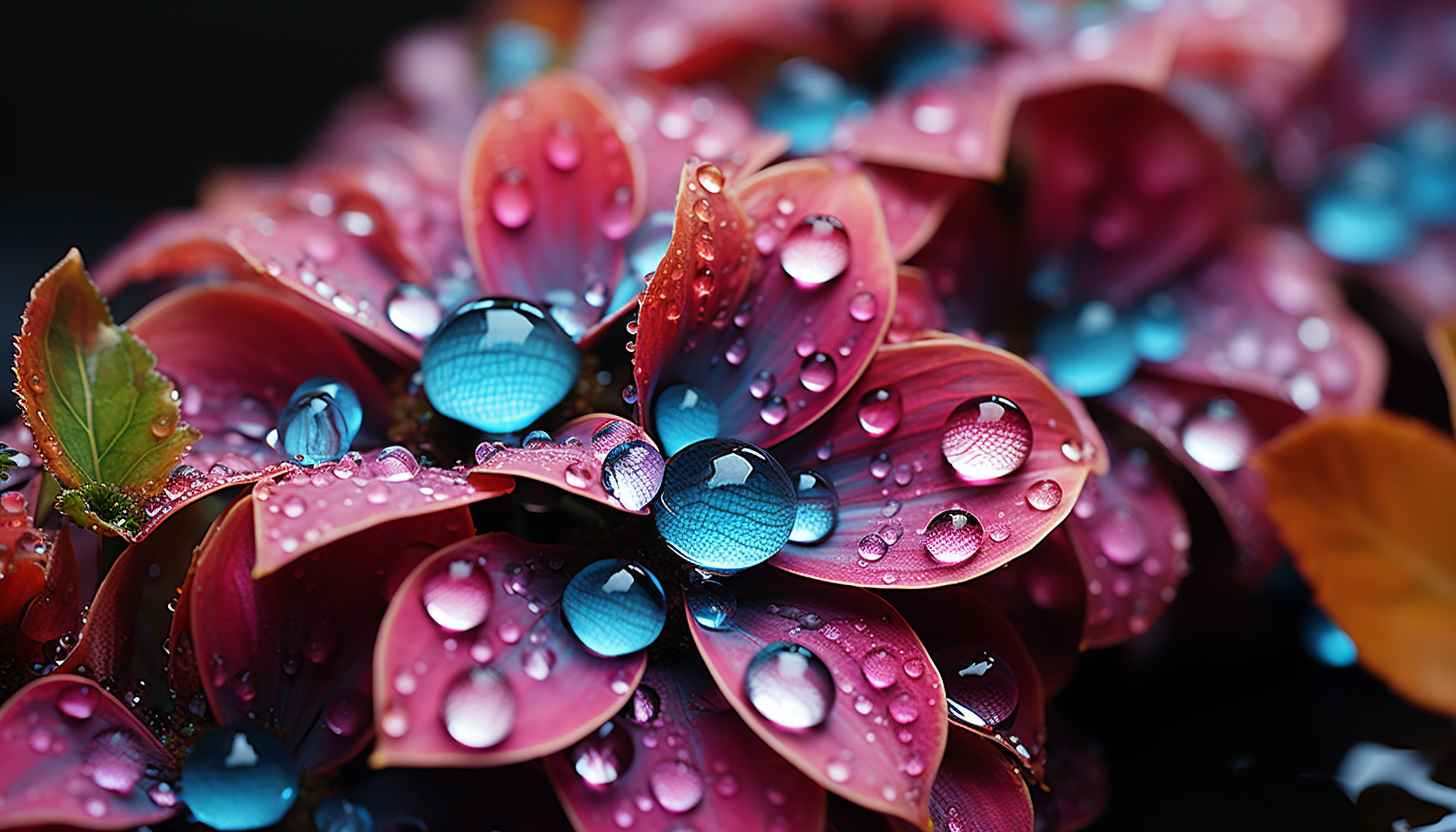 Extreme close-up of dewdrops on a colorful flower petal.