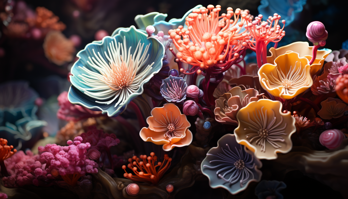 Vibrant and colorful coral reefs captured in a close-up underwater shot.