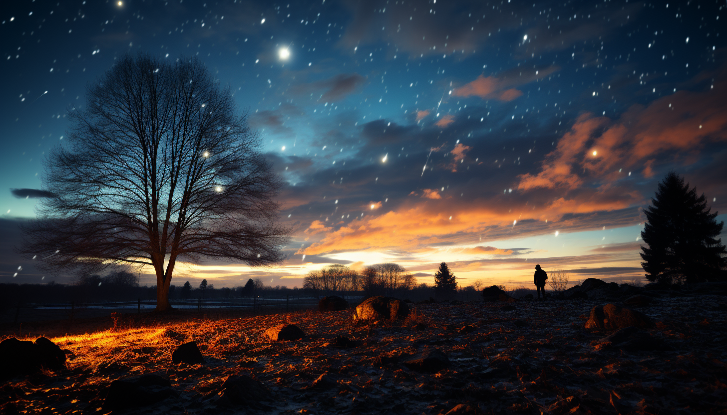 A meteor shower streaking across the night sky.