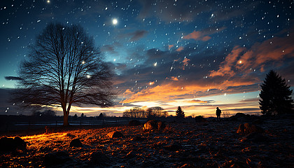 A meteor shower streaking across the night sky.