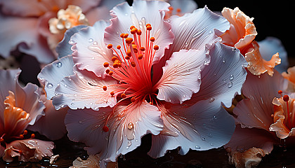 Extreme close-up of a blooming flower, revealing its textures and hues.