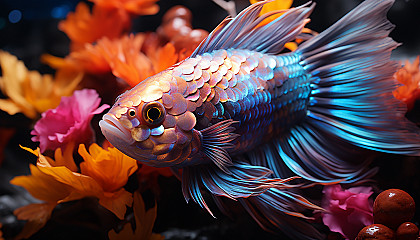 A close-up of the scales of a colorful fish, glimmering underwater.