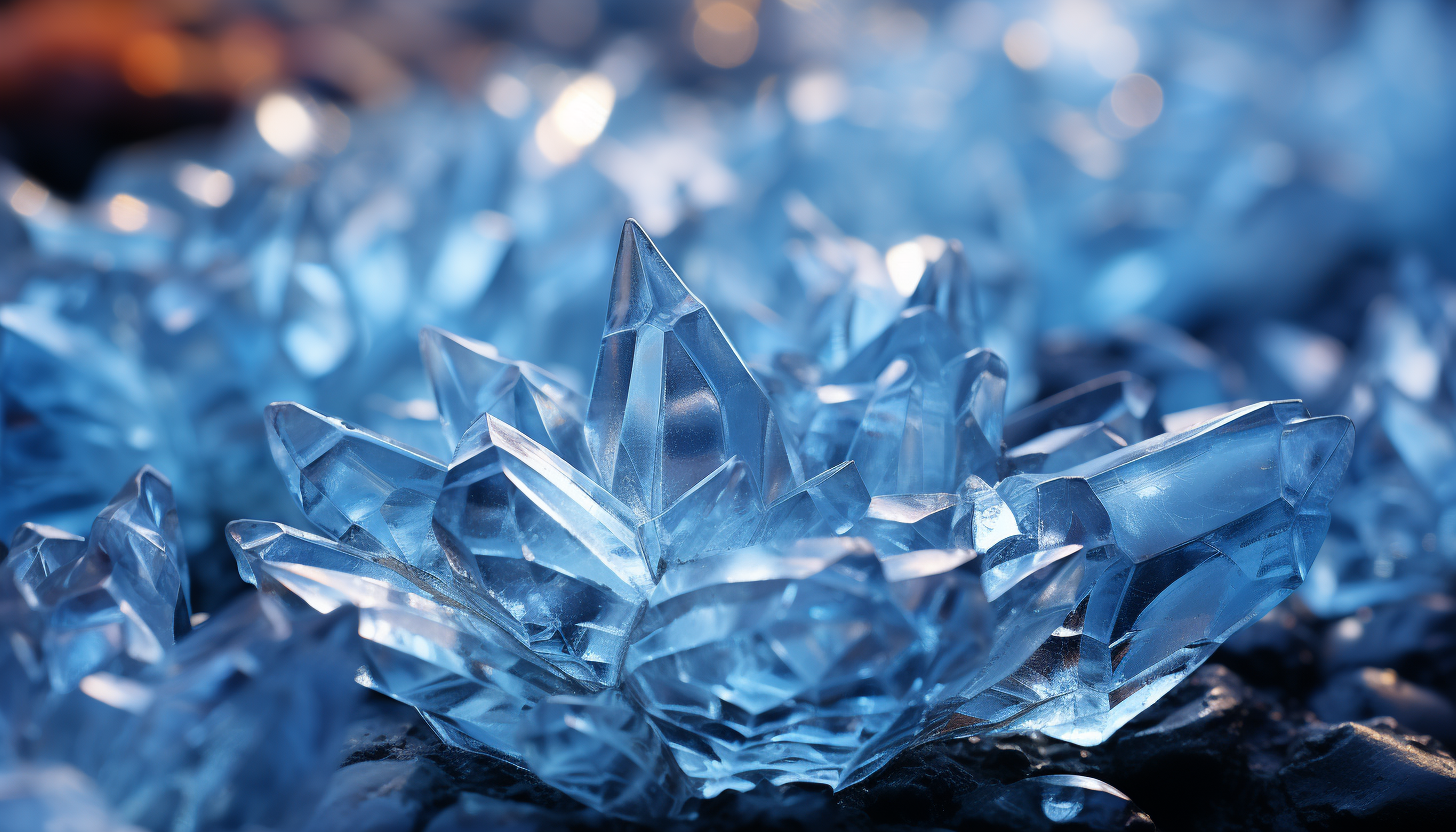 Extreme close-up of ice crystals, revealing their complex symmetry.