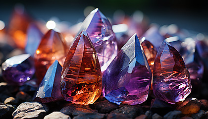 A close-up of crystals forming in a colorful mineral rock.