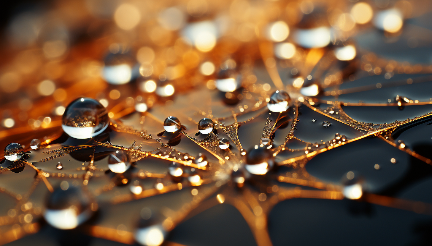 Close-up of dewdrops on a spider's web, reflecting the morning sun.