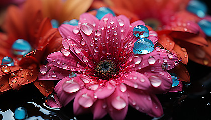 A close-up of dewdrops on a vibrant flower petal.