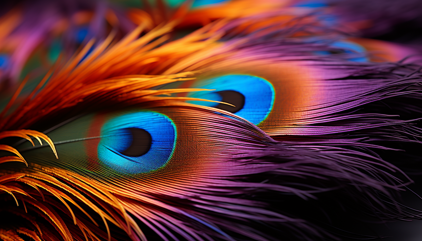 A macro shot of a peacock feather, highlighting its complex, colorful patterns.