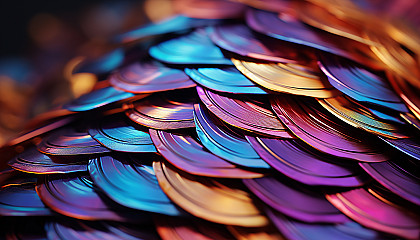 Macro shot of the iridescent scales of a fish or the plumage of a bird.