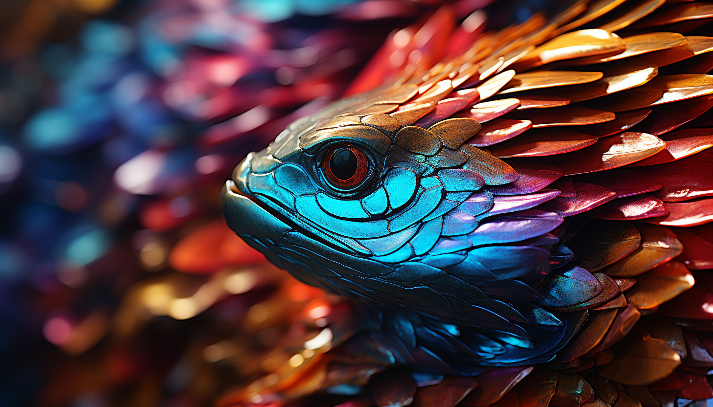 A close-up of the scales of a colorful fish, glimmering underwater.