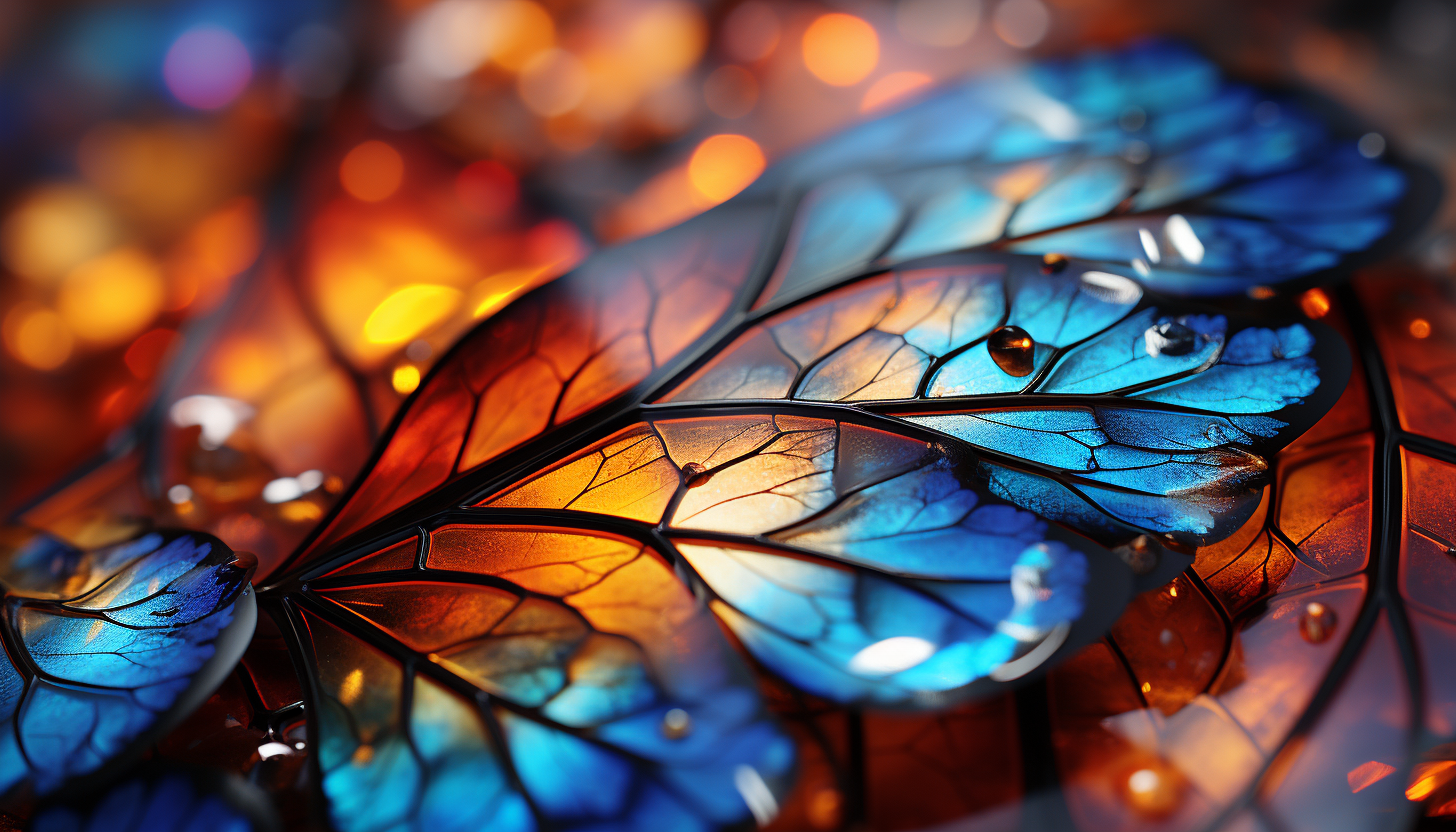 An extreme close-up of a butterfly wing, showcasing intricate patterns and colors.