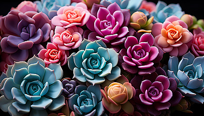 A macro shot of colorful succulents, showcasing their unique patterns and textures.