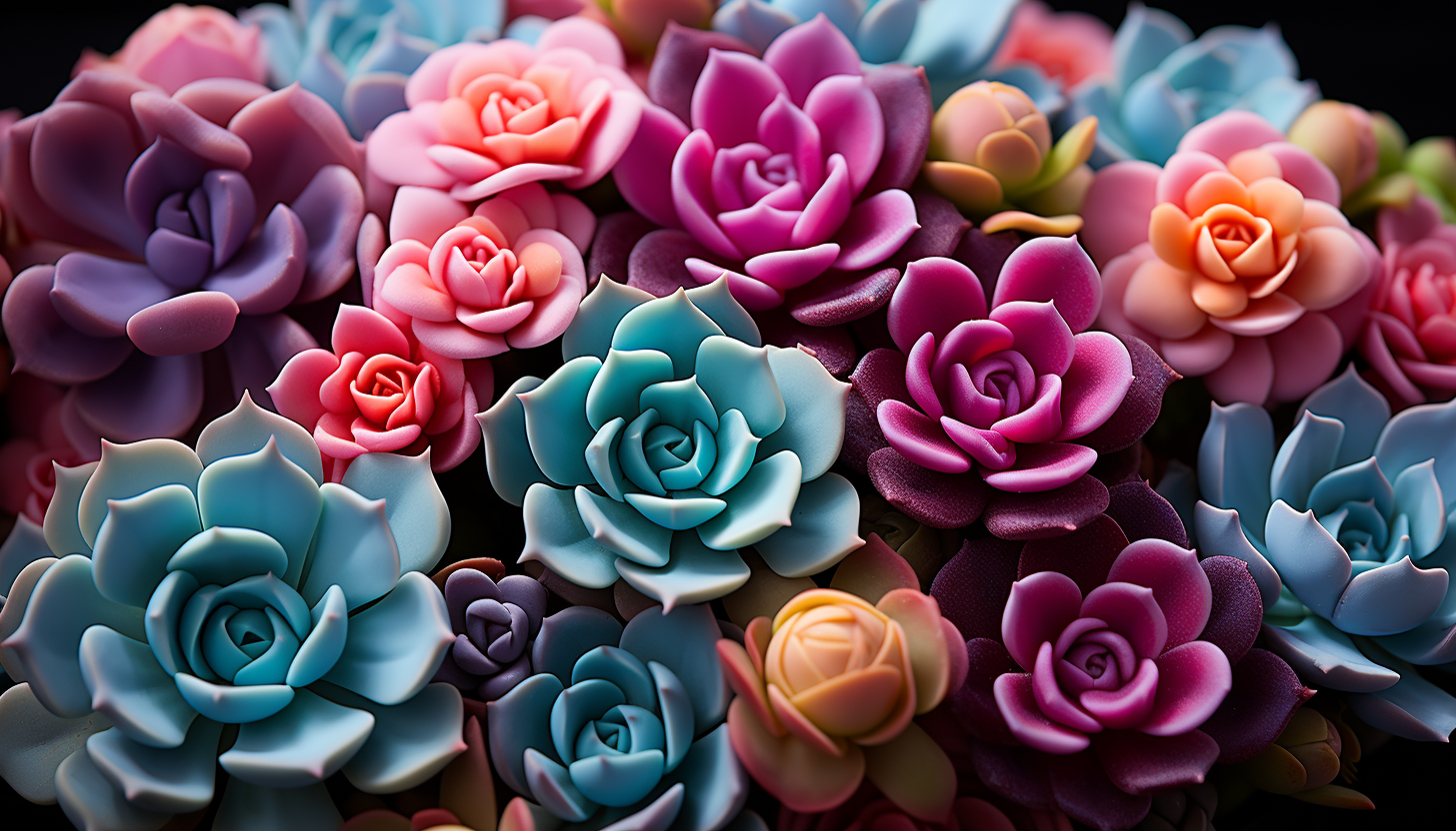 A macro shot of colorful succulents, showcasing their unique patterns and textures.