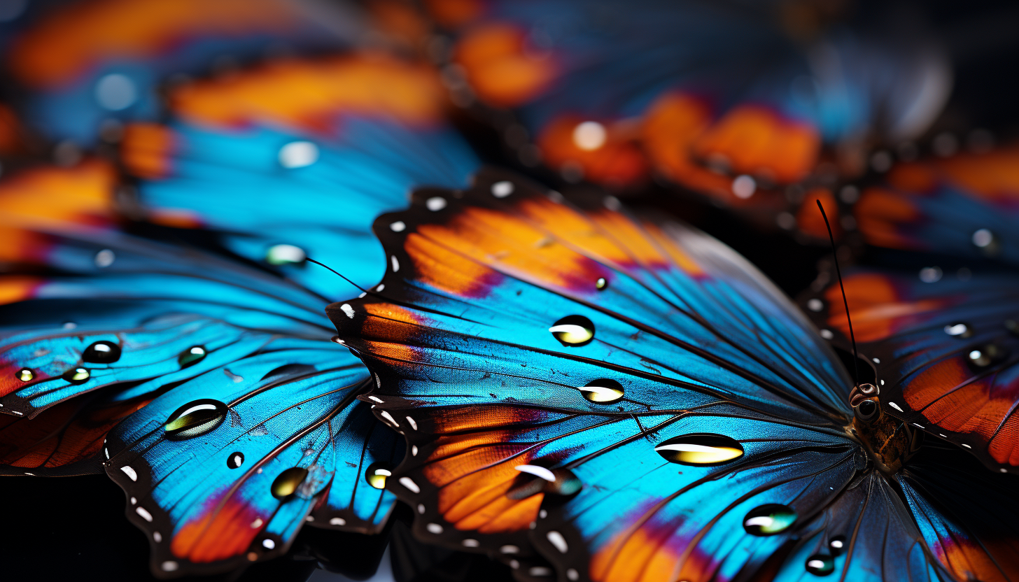 Close-up of a butterfly's wing, revealing intricate patterns and vivid colors.