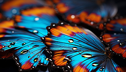 Close-up of a butterfly's wing, revealing intricate patterns and vivid colors.