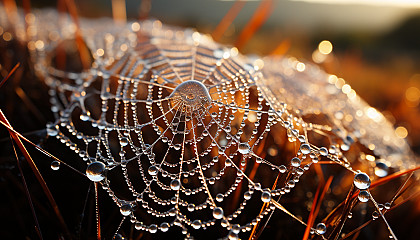 Close-up of a dew-kissed spider web shimmering in the morning sun.