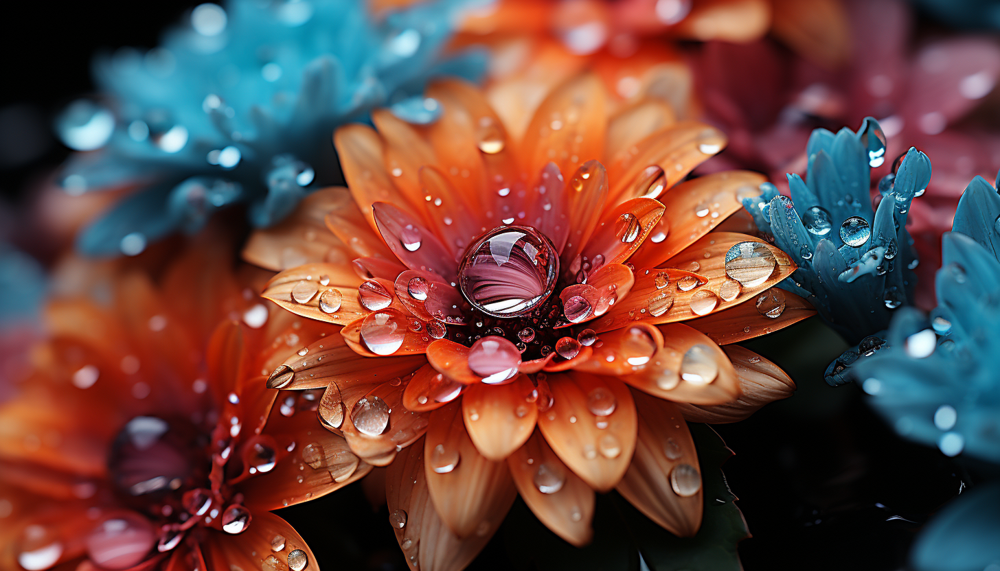 A close-up of dewdrops on a vibrant flower petal.