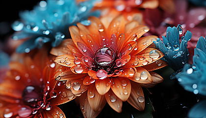 A close-up of dewdrops on a vibrant flower petal.